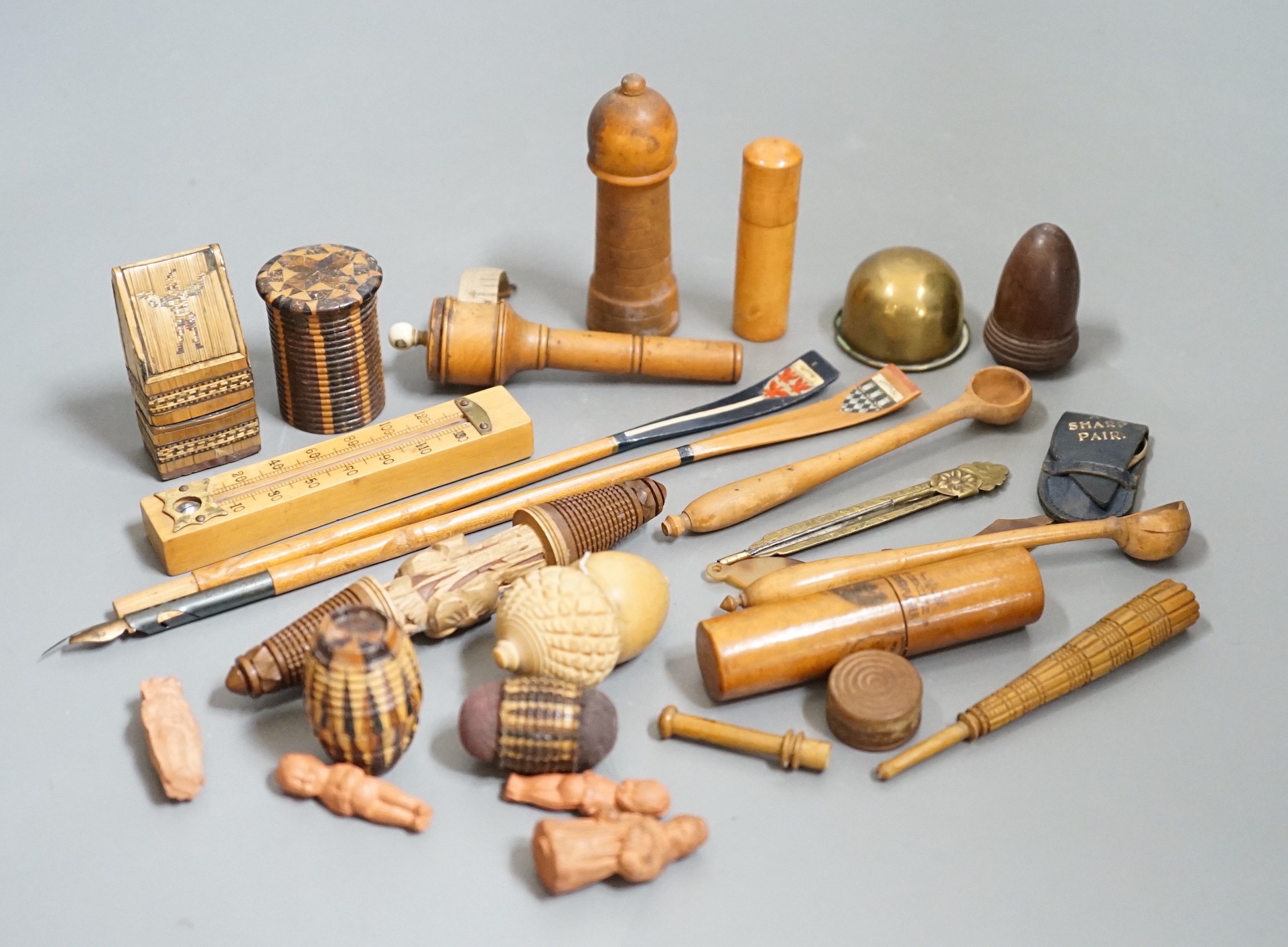 A quantity of various treen items including Tunbridge stickware items etc